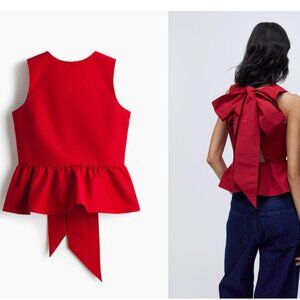 H&M Bow-Detail Peplum Top - Red